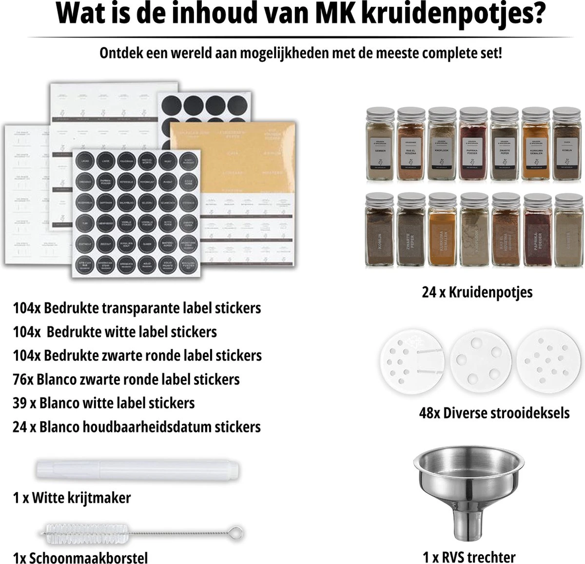24 Glazen Kruidenpotjes Set Met 3 Soorten Strooideksels – Kruidenstrooier – Compleet Pakket Incl Kruidenpotjes Stickers, Krijtstift En Accessoires - Aluminium 6 24 Glazen Kruidenpotjes Set Met 3 Soorten Strooideksels – Kruidenstrooier – Compleet Pakket Incl Kruidenpotjes Stickers, Krijtstift En Accessoires - Aluminium - Afbeelding 6