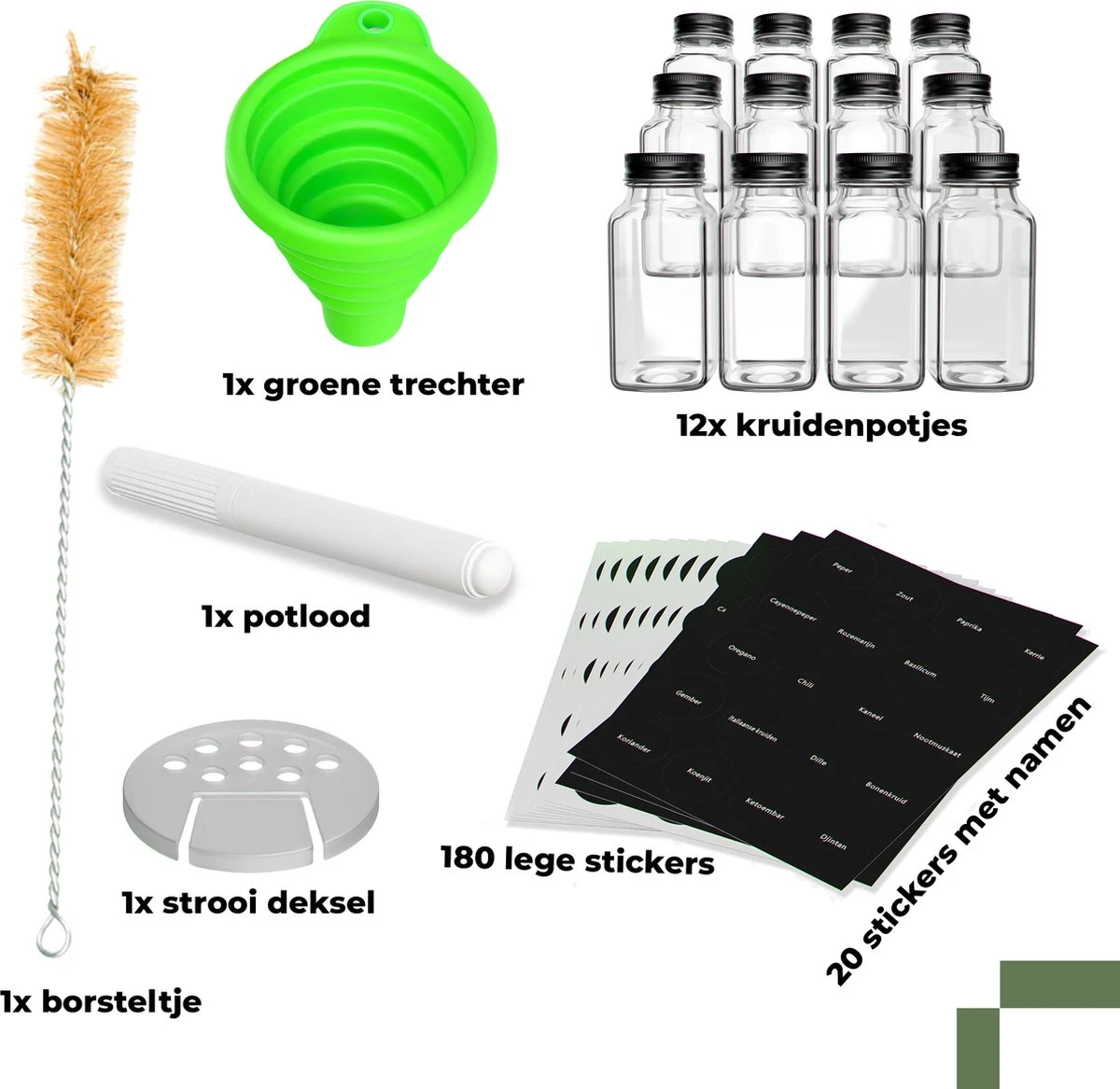 12 Glazen Kruidenpotjes Met Deksel - Kruidenstrooier - Strooideksel - Vierkant - Strooibus - Complete Set Met Trechter En Stickers 7 12 Glazen Kruidenpotjes Met Deksel - Kruidenstrooier - Strooideksel - Vierkant - Strooibus - Complete Set Met Trechter En Stickers - Afbeelding 7