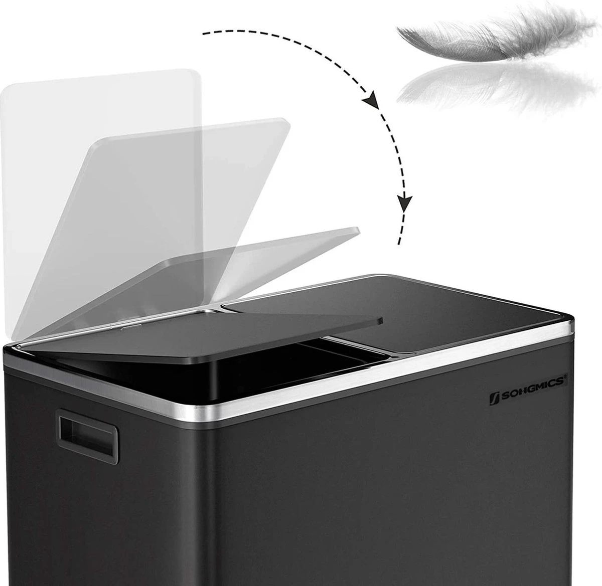 SONGMICS Dubbele Rubbish Bin, 2 X 30L Vuilnisbak, Metalen Trappenbak, Met Dubbele Vakken, Kunststof Binnenemmers En Scharnierende Deksels, Handgrepen, Zachte Sluiting, Luchtdicht, Zwart 6 SONGMICS Dubbele Rubbish Bin, 2 X 30L Vuilnisbak, Metalen Trappenbak, Met Dubbele Vakken, Kunststof Binnenemmers En Scharnierende Deksels, Handgrepen, Zachte Sluiting, Luchtdicht, Zwart - Afbeelding 6