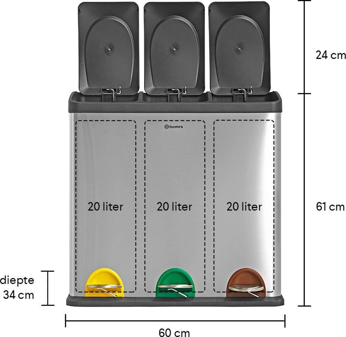 Homra STEPHS Afvalscheiding Prullenbak Met 3 Vakken - 3 X 20L Inhoud - Trio Pedaalemmer - 60 Liter - Vingerafdrukvrij - Vuilafstotend - Anti-slip - Hoogwaardig RVS - Duurzaam ABS Kunststof - RVS - Hygiënisch Recyclen - Afvalscheidingsprullenbak 2 Homra STEPHS Afvalscheiding Prullenbak Met 3 Vakken - 3 X 20L Inhoud - Trio Pedaalemmer - 60 Liter - Vingerafdrukvrij - Vuilafstotend - Anti-slip - Hoogwaardig RVS - Duurzaam ABS Kunststof - RVS - Hygiënisch Recyclen - Afvalscheidingsprullenbak - Afbeelding 2