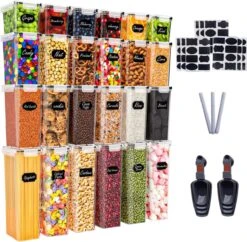 Empyrea Set Van 24 Luchtdichte Vershouddozen, Voorraad Bussen Opslag En Organisatie, Keuken En Voedselcontainer, Voorraadpotten Van Kunststof, BPA-vrij, 72 Etiketten, 3 Markers En 8 Lepels Meegeleverd | Keuken Organizer Voorraadcontainers