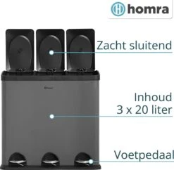 Homra MAXER Pedaalemmer – Prullenbak 3 Vakken – Grijze Afvalemmer 60 Liter (3x 20L) – Trio Prullenbak Grijs – RVS - 3-vaks Prullenbak Afvalscheiding – Afvalbak RVS – Hygiënisch Recyclen - Afval Scheiden - Pedaal Prullenbak Grijs -Thuis Opslag Winkel 1200x1176 5