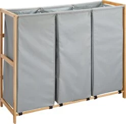 ACAZA Grote Wassorteerder Met 3 Vakken - XL Wasmand - Stof / Bamboe - Grijsgroen