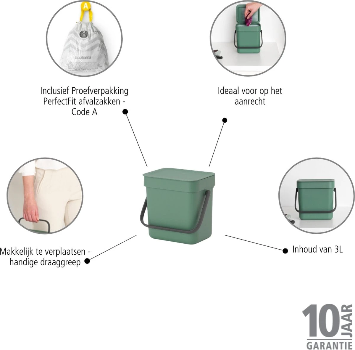 Brabantia Sort & Go Aanrecht Afvalbakje - 3 L - Fir Green 2 Brabantia Sort & Go Aanrecht Afvalbakje - 3 L - Fir Green - Afbeelding 2