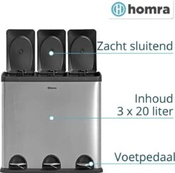 Homra MAXER Pedaalemmer – Prullenbak 3 Vakken – Afvalemmer 60 Liter (3x 20L) – Trio Prullenbak – RVS - 3-vaks Prullenbak Afvalscheiding – Afvalbak RVS – Hygiënisch Recyclen - Afval Scheiden - Pedaal Prullenbak Zilver -Thuis Opslag Winkel 1200x1185 4