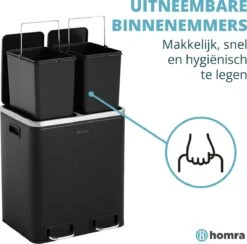 Homra BLINQ Afvalscheiding Prullenbak Met 2 Vakken - 2 X 15 L Inhoud - Duo Pedaalemmer Zwart - Afvalemmer 30 Liter - Recycle Afvalbak - Zwarte Afvalscheidingsprullenbak - Hygiënisch Afval Scheiden - Keuken Vuilbak - Kantoor -Thuis Opslag Winkel 1200x1185 5