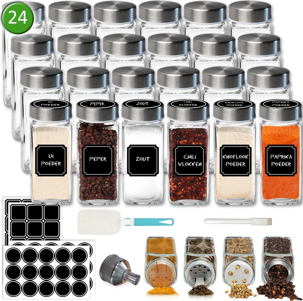 Soothe 24 Glazen Kruidenpotjes Set Met 2 Soorten Strooideksels – Kruidenstrooier – Compleet Pakket Incl Kruidenpotjes Stickers, Krijtstift En Accessoires 1 Soothe 24 Glazen Kruidenpotjes Set Met 2 Soorten Strooideksels – Kruidenstrooier – Compleet Pakket Incl Kruidenpotjes Stickers, Krijtstift En Accessoires