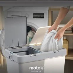 Motek® - Wasmand - 2 Vakken Met Deksel - Met Touch Deksel - Gemaakt Van 100% Gerecycled Kunststof - 80 L - Wasmand Met Deksel - Wassorteerder - Grijs - Wit -Thuis Opslag Winkel 1200x1198 14