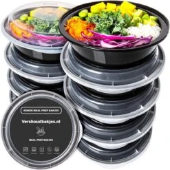 Ronde Meal Prep Bakjes - 10 Stuks - Herbruikbaar - Mealprep Containers Met Deksels - Lek Vrij - Saladebakjes - Vershoudbakje - BPA Vrij - Magnetronbakje - Diepvriesbakje - Koelkastbakje - Pokebowl - 850 ML - Zwart