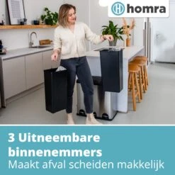 Homra MAXER Pedaalemmer – Prullenbak 3 Vakken – Afvalemmer 60 Liter (3x 20L) – Trio Prullenbak – RVS - 3-vaks Prullenbak Afvalscheiding – Afvalbak RVS – Hygiënisch Recyclen - Afval Scheiden - Pedaal Prullenbak Zilver -Thuis Opslag Winkel 1200x1200 1069