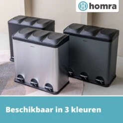 Homra MAXER Pedaalemmer – Prullenbak 3 Vakken – Afvalemmer 60 Liter (3x 20L) – Trio Prullenbak – RVS - 3-vaks Prullenbak Afvalscheiding – Afvalbak RVS – Hygiënisch Recyclen - Afval Scheiden - Pedaal Prullenbak Zilver -Thuis Opslag Winkel 1200x1200 1070