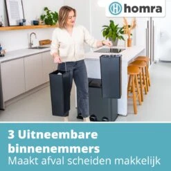 Homra MAXER Pedaalemmer – Prullenbak 3 Vakken – Grijze Afvalemmer 60 Liter (3x 20L) – Trio Prullenbak Grijs – RVS - 3-vaks Prullenbak Afvalscheiding – Afvalbak RVS – Hygiënisch Recyclen - Afval Scheiden - Pedaal Prullenbak Grijs -Thuis Opslag Winkel 1200x1200 1155