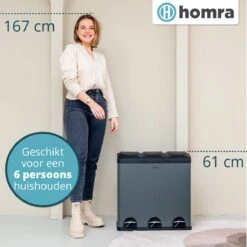 Homra MAXER Pedaalemmer – Prullenbak 3 Vakken – Grijze Afvalemmer 60 Liter (3x 20L) – Trio Prullenbak Grijs – RVS - 3-vaks Prullenbak Afvalscheiding – Afvalbak RVS – Hygiënisch Recyclen - Afval Scheiden - Pedaal Prullenbak Grijs -Thuis Opslag Winkel 1200x1200 1157