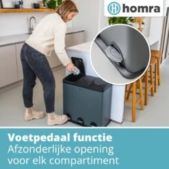 Homra MAXER Pedaalemmer – Prullenbak 3 Vakken – Grijze Afvalemmer 60 Liter (3x 20L) – Trio Prullenbak Grijs – RVS - 3-vaks Prullenbak Afvalscheiding – Afvalbak RVS – Hygiënisch Recyclen - Afval Scheiden - Pedaal Prullenbak Grijs -Thuis Opslag Winkel 1200x1200 1160