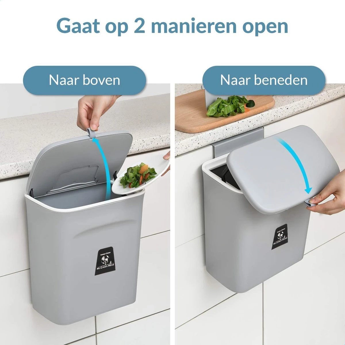 9L Prullenbak – Hangen Of Staan – Aanrecht Afvalbakje – GFT Afvalbak – Grijs - Goed Sluitende Deksel - Geen Geur En Fruitvliegen - Afvalscheiding 2 9L Prullenbak – Hangen Of Staan – Aanrecht Afvalbakje – GFT Afvalbak – Grijs - Goed Sluitende Deksel - Geen Geur En Fruitvliegen - Afvalscheiding - Afbeelding 2