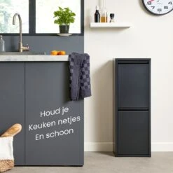 VEEHAUS – Allen - Prullenbak 2 Vakken – Afvalemmer 30 Liter (2x 15L) – Zwart - 2-vaks Prullenbak Afvalscheiding – Afvalbak Metaal – Hygiënisch Recyclen - Afval Scheiden - Prullenbak -Thuis Opslag Winkel 1200x1200 1445