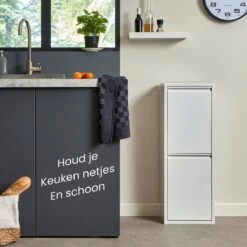 VEEHAUS – Allen - Prullenbak 2 Vakken – Afvalemmer 30 Liter (2x 15L) – Wit - 2-vaks Prullenbak Afvalscheiding – Afvalbak Metaal – Hygiënisch Recyclen - Afval Scheiden - Prullenbak -Thuis Opslag Winkel 1200x1200 1453