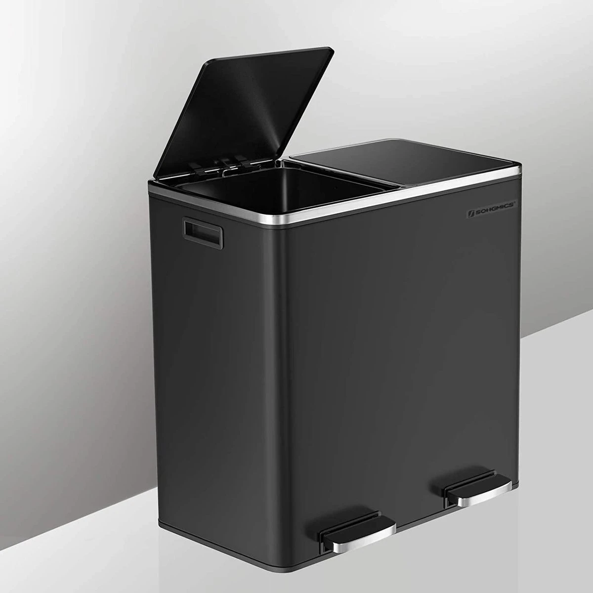 SONGMICS Dubbele Rubbish Bin, 2 X 30L Vuilnisbak, Metalen Trappenbak, Met Dubbele Vakken, Kunststof Binnenemmers En Scharnierende Deksels, Handgrepen, Zachte Sluiting, Luchtdicht, Zwart 7 SONGMICS Dubbele Rubbish Bin, 2 X 30L Vuilnisbak, Metalen Trappenbak, Met Dubbele Vakken, Kunststof Binnenemmers En Scharnierende Deksels, Handgrepen, Zachte Sluiting, Luchtdicht, Zwart - Afbeelding 7