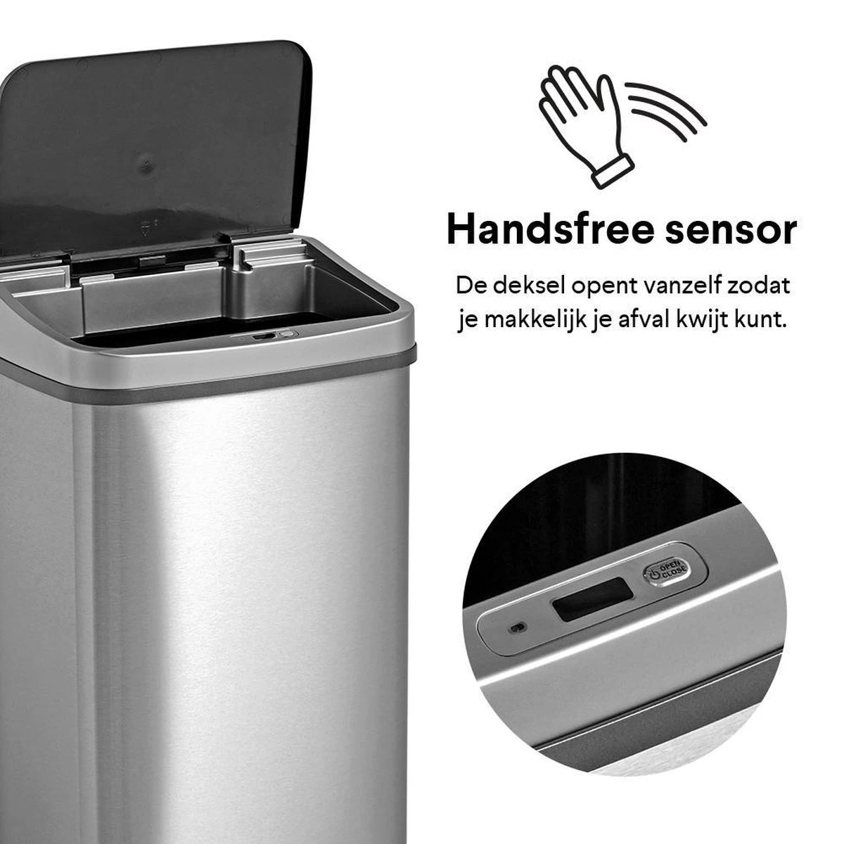Homra LUX Prullenbak Met Sensor - Automatische Soft Close Deksel - 50 L - Hoogwaardig RVS - 50 Liter Vuilbak - Infrarood Bewegingssensor - Hygiënische Vuilnisbak - Vingerafdruk Bestendig - Sensor Prullenbak 3 Homra LUX Prullenbak Met Sensor - Automatische Soft Close Deksel - 50 L - Hoogwaardig RVS - 50 Liter Vuilbak - Infrarood Bewegingssensor - Hygiënische Vuilnisbak - Vingerafdruk Bestendig - Sensor Prullenbak - Afbeelding 3