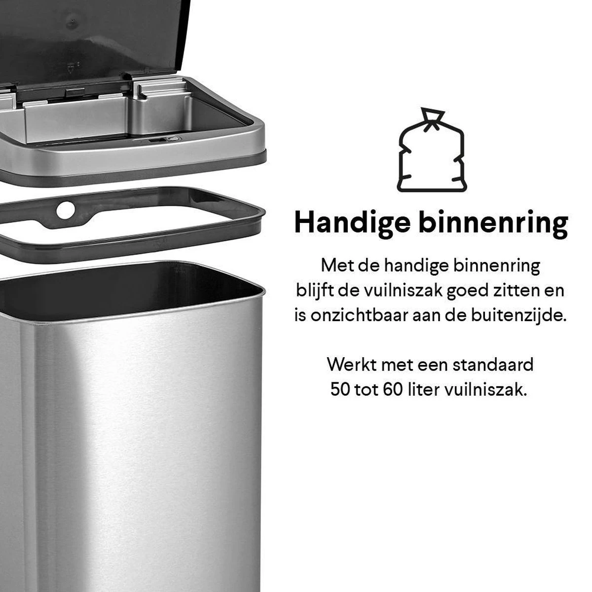 Homra LUX Prullenbak Met Sensor - Automatische Soft Close Deksel - 50 L - Hoogwaardig RVS - 50 Liter Vuilbak - Infrarood Bewegingssensor - Hygiënische Vuilnisbak - Vingerafdruk Bestendig - Sensor Prullenbak 13 Homra LUX Prullenbak Met Sensor - Automatische Soft Close Deksel - 50 L - Hoogwaardig RVS - 50 Liter Vuilbak - Infrarood Bewegingssensor - Hygiënische Vuilnisbak - Vingerafdruk Bestendig - Sensor Prullenbak - Afbeelding 13