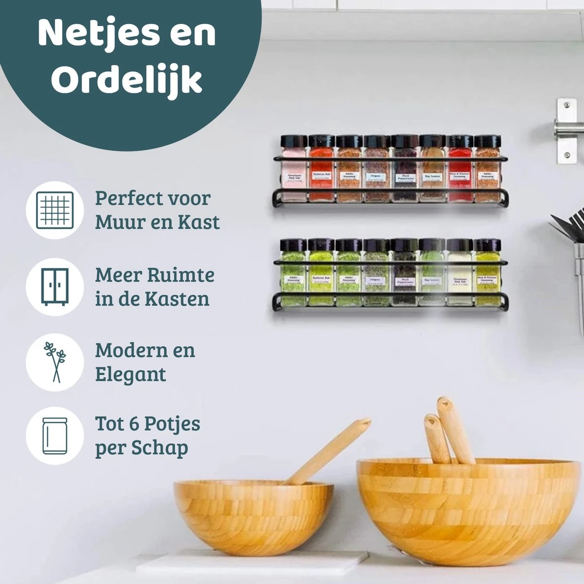 Mmoods Kruidenrek Ophangbaar Zonder Boren - 4 Laags Voor 24 Kruidenpotjes - Speciaal Voor Muur, Wandkast, Kastdeur - Hangende Kruidenorganizer Keuken - Keukenaccessoires 6 Mmoods Kruidenrek Ophangbaar Zonder Boren - 4 Laags Voor 24 Kruidenpotjes - Speciaal Voor Muur, Wandkast, Kastdeur - Hangende Kruidenorganizer Keuken - Keukenaccessoires - Afbeelding 6