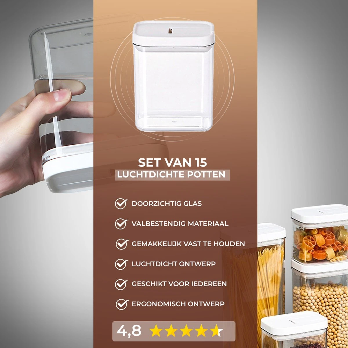 Merkloos Voorraadpotten Set Van 15 – Vershoudbakjes – Plastic Bakjes – Snoeppot – Stapelbaar – BPA Vrij – Lekvrije Voorraadbussen – Beschuitbus 8 Merkloos Voorraadpotten Set Van 15 – Vershoudbakjes – Plastic Bakjes – Snoeppot – Stapelbaar – BPA Vrij – Lekvrije Voorraadbussen – Beschuitbus - Afbeelding 8