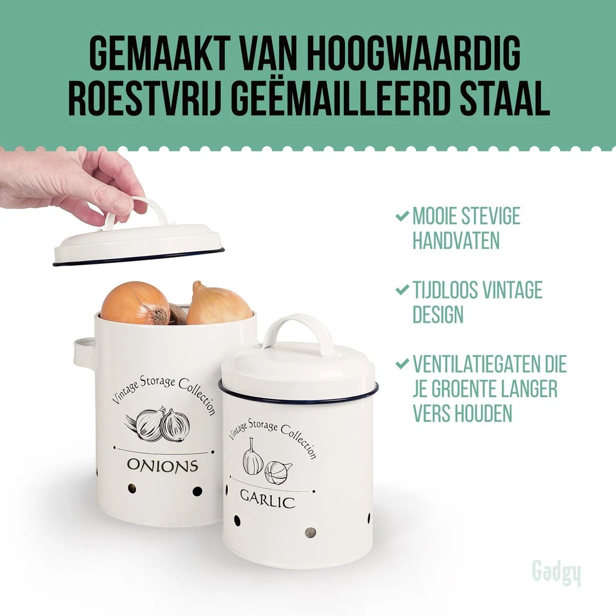 Gadgy Voorraadpotten Set: Aardappelpot Een Uienpot Een Knoflookpot – 3 Voorraadbussen Met Deksel – Bewaardoos - Voorraadblikken 2 Gadgy Voorraadpotten Set: Aardappelpot Een Uienpot Een Knoflookpot – 3 Voorraadbussen Met Deksel – Bewaardoos - Voorraadblikken - Afbeelding 2