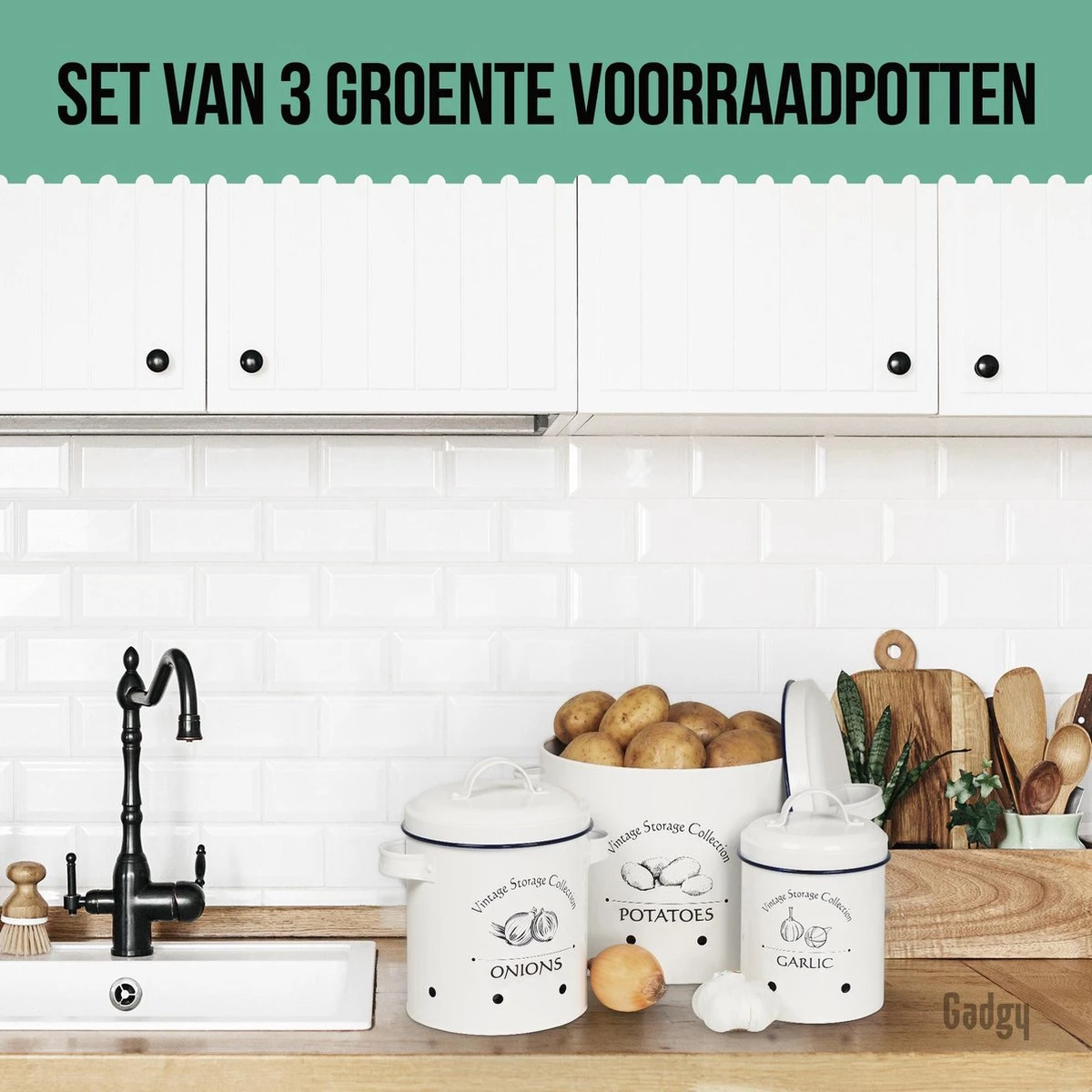 Gadgy Voorraadpotten Set: Aardappelpot Een Uienpot Een Knoflookpot – 3 Voorraadbussen Met Deksel – Bewaardoos - Voorraadblikken 7 Gadgy Voorraadpotten Set: Aardappelpot Een Uienpot Een Knoflookpot – 3 Voorraadbussen Met Deksel – Bewaardoos - Voorraadblikken - Afbeelding 7