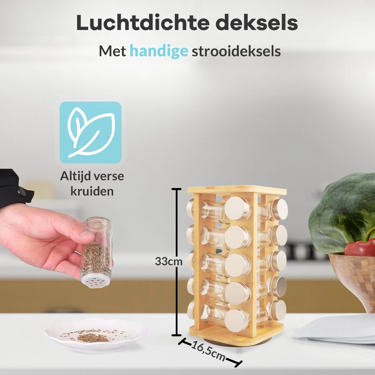 LuZana® Draaibaar Kruidenrek Staand Met Potjes - Bamboe- 20 Kruidenpotjes Met Strooideksel – Incl. Labels, Krijtstift En Trechter 3 LuZana® Draaibaar Kruidenrek Staand Met Potjes - Bamboe- 20 Kruidenpotjes Met Strooideksel – Incl. Labels, Krijtstift En Trechter - Afbeelding 3