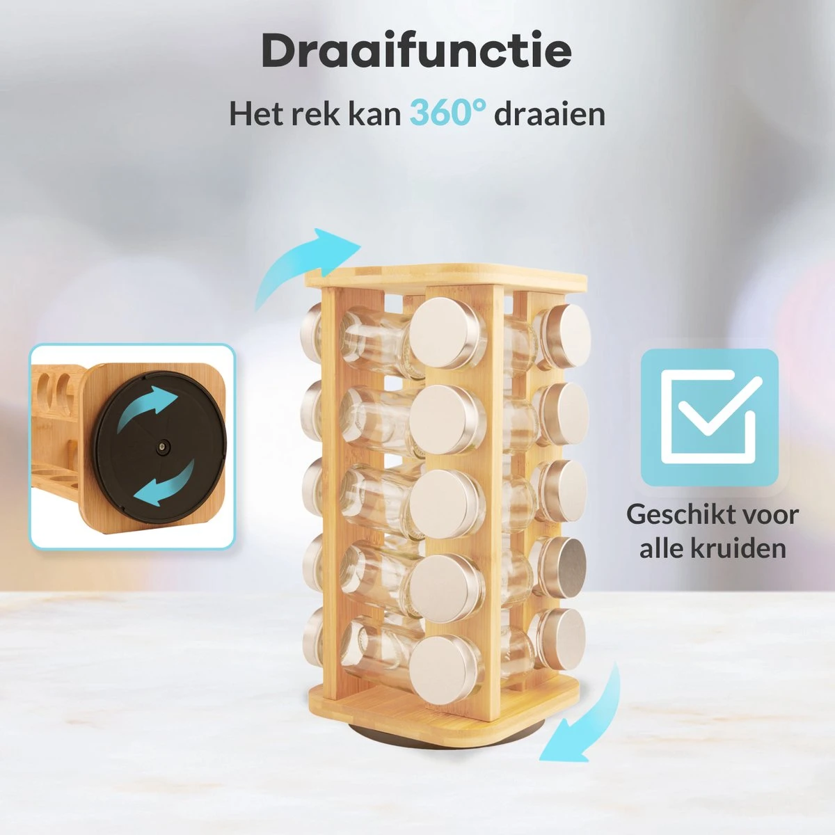 LuZana® Draaibaar Kruidenrek Staand Met Potjes - Bamboe- 20 Kruidenpotjes Met Strooideksel – Incl. Labels, Krijtstift En Trechter 4 LuZana® Draaibaar Kruidenrek Staand Met Potjes - Bamboe- 20 Kruidenpotjes Met Strooideksel – Incl. Labels, Krijtstift En Trechter - Afbeelding 4