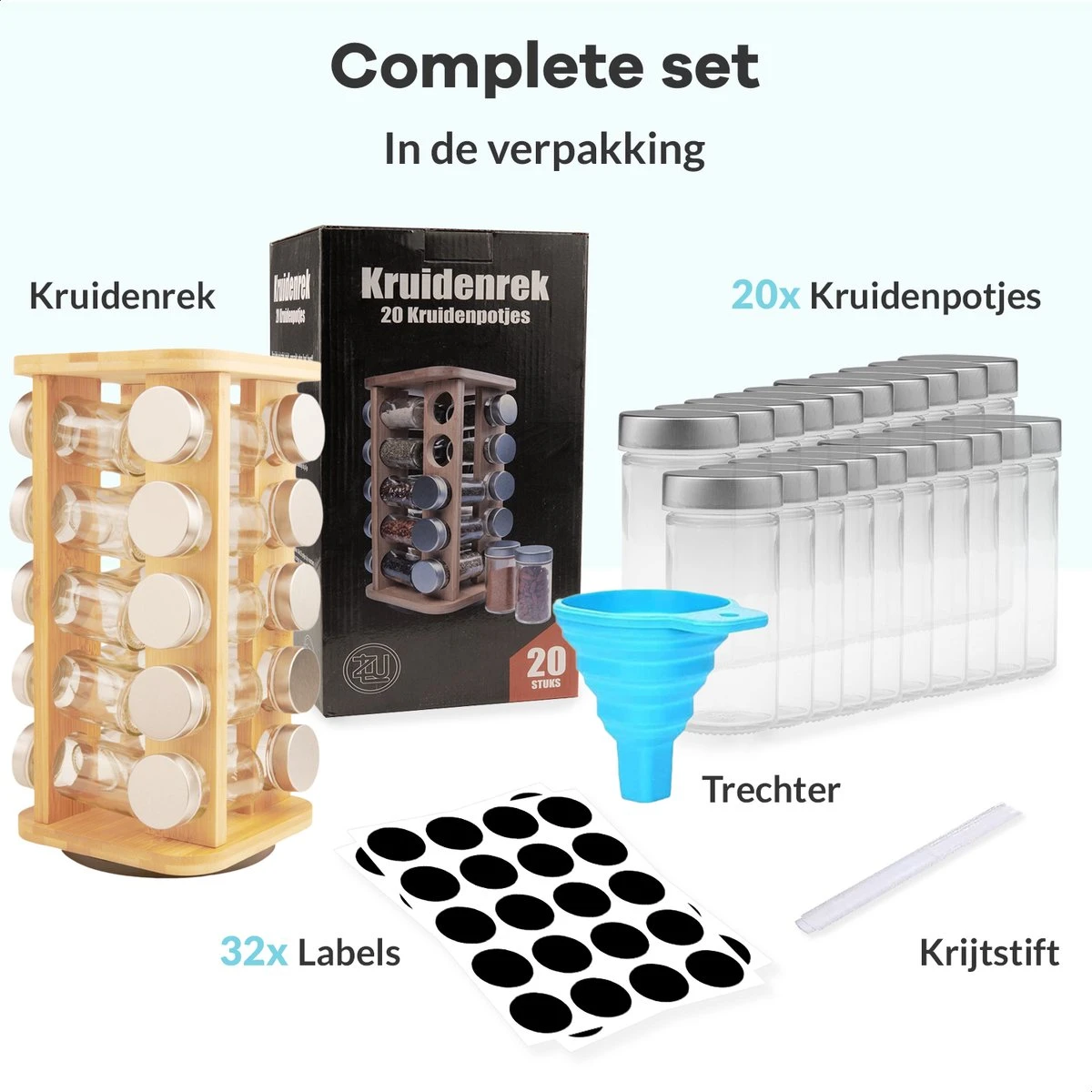 LuZana® Draaibaar Kruidenrek Staand Met Potjes - Bamboe- 20 Kruidenpotjes Met Strooideksel – Incl. Labels, Krijtstift En Trechter 5 LuZana® Draaibaar Kruidenrek Staand Met Potjes - Bamboe- 20 Kruidenpotjes Met Strooideksel – Incl. Labels, Krijtstift En Trechter - Afbeelding 5