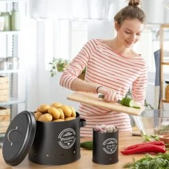 Professionele Bewaardozen - Set Van 3 - Voor Aardappels, Uien En Knoflook - Retro Design - Voorraadcontainer Van Metaal - Keukenopslag - Groentes Bewaren Voor Lange Tijd - Perfect Cadeau Voor In De Keuken -Thuis Opslag Winkel 1200x1200 24