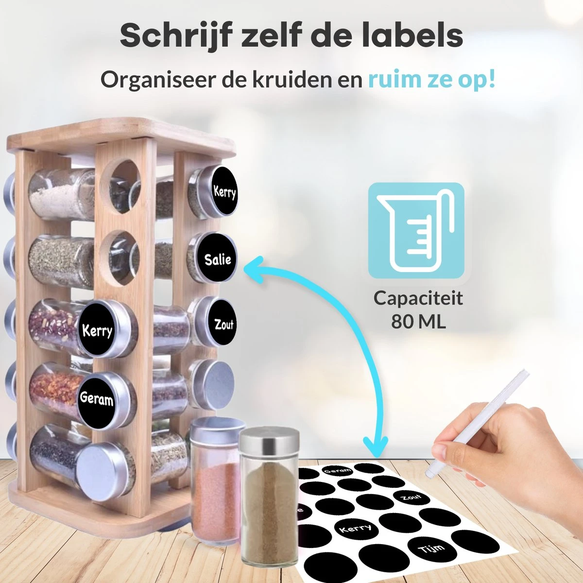 LuZana® Draaibaar Kruidenrek Staand Met Potjes - Bamboe- 20 Kruidenpotjes Met Strooideksel – Incl. Labels, Krijtstift En Trechter 8 LuZana® Draaibaar Kruidenrek Staand Met Potjes - Bamboe- 20 Kruidenpotjes Met Strooideksel – Incl. Labels, Krijtstift En Trechter - Afbeelding 8