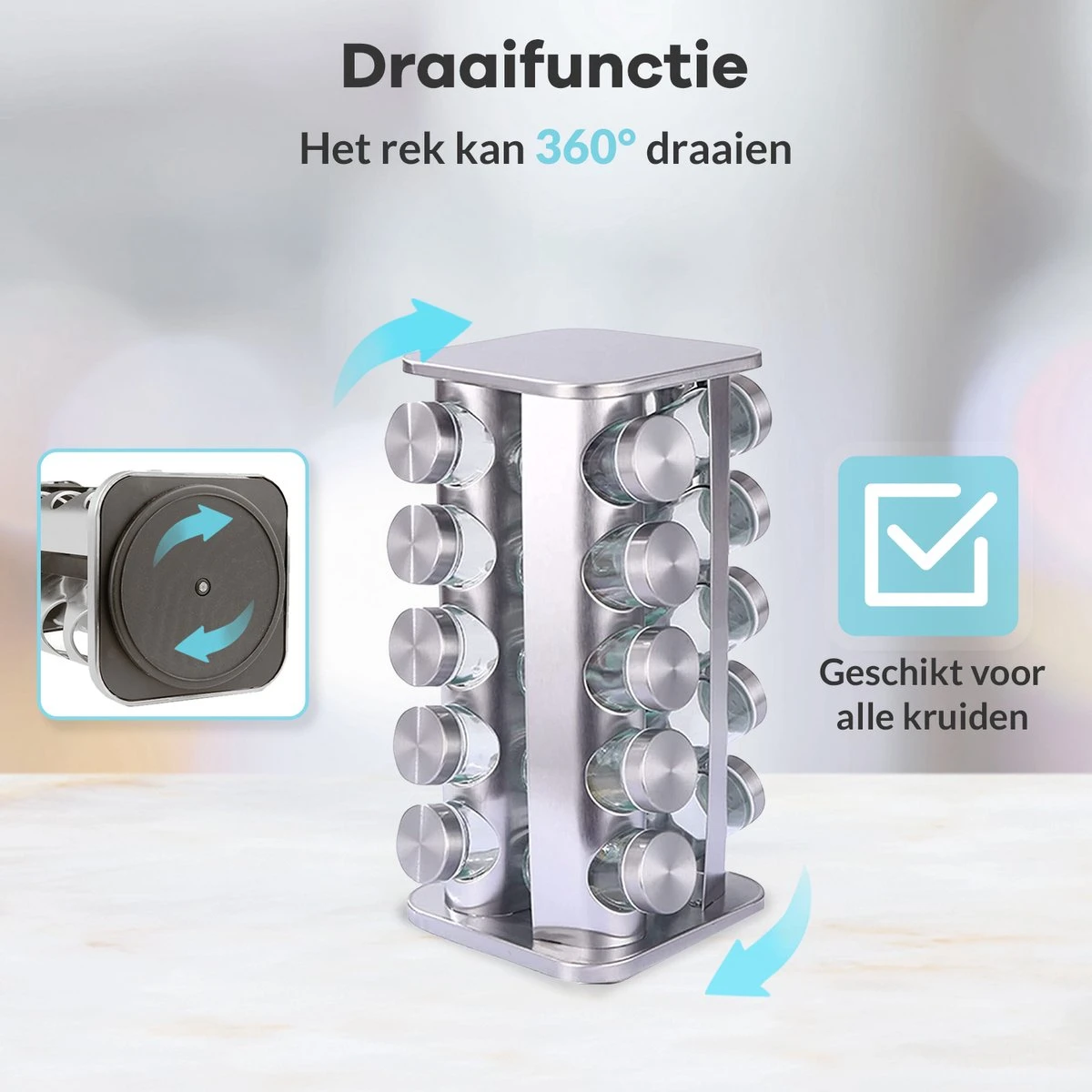 LuZana® Draaibaar Kruidenrek -RVS- Staand Met Potjes - 20 Kruidenpotjes Met Strooideksel – Incl. Labels, Krijtstift En Trechter 7 LuZana® Draaibaar Kruidenrek -RVS- Staand Met Potjes - 20 Kruidenpotjes Met Strooideksel – Incl. Labels, Krijtstift En Trechter - Afbeelding 7