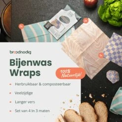BROODNODIG® - Bijenwas Wraps (Bijenwas Doek) - Set Van 4 - 1S, 2M, 1L - Foodwrap - Beeswax Wraps - Bee Wrap - Beewax - Bijenwasdoek - Zero Waste - Duurzaam Cadeau - Herbruikbaar Boterhamzakje -Thuis Opslag Winkel 1200x1200 467