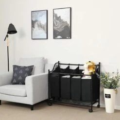 Songmics ZAZA Home Wassorteerder Op Wieltjes / Verrijdbare Wasmand / Met 4 Uitneembare Vakken - Zwart -Thuis Opslag Winkel 1200x1200 488