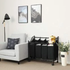 Songmics ZAZA Home Wassorteerder Op Wieltjes / Verrijdbare Wasmand / Met 4 Uitneembare Vakken - Zwart -Thuis Opslag Winkel 1200x1200 490