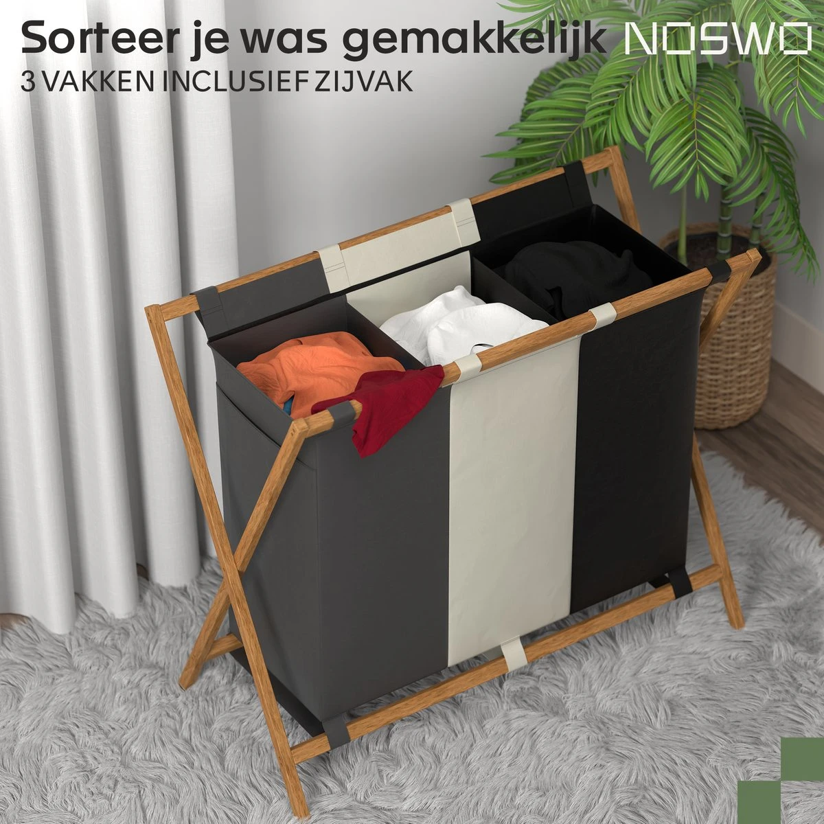 Noswo Wasmand Met 3 Vakken - Wassorteerder - Opvouwbaar - Wasbox - 143L - Bamboe 3 Noswo Wasmand Met 3 Vakken - Wassorteerder - Opvouwbaar - Wasbox - 143L - Bamboe - Afbeelding 3