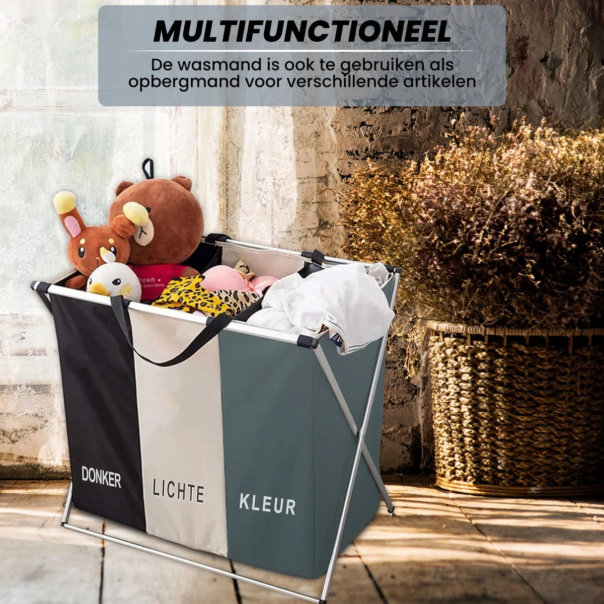 Wasmand 3 Vakken 90L - Opvouwbare Wassorteerder Met NL Opdruk - Aluminium Frame - 9 Wasmand 3 Vakken 90L - Opvouwbare Wassorteerder Met NL Opdruk - Aluminium Frame - - Afbeelding 9