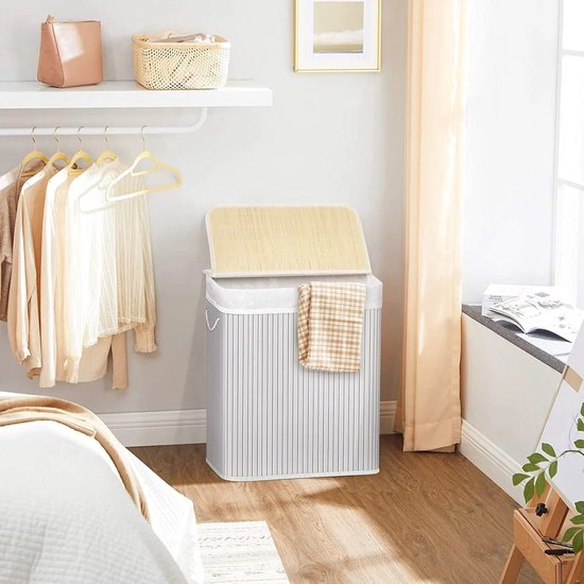 Songmics Wasmand 100 L, Bamboe Wasmand, Wasmand Met Handvaten, Deksel Met Clips, Opvouwbaar, Waszak Verwijderbaar, Wit LCB071W01 5 Songmics Wasmand 100 L, Bamboe Wasmand, Wasmand Met Handvaten, Deksel Met Clips, Opvouwbaar, Waszak Verwijderbaar, Wit LCB071W01 - Afbeelding 5