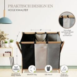 MIRI Wasmand 3 Vakken BAMBOE – Wassorteerder – Hout – Opvouwbaar – Wasbox – 105L – Gratis Schroevendraaier – Wasmanden – Laundry Basket -Thuis Opslag Winkel 1200x1200 608