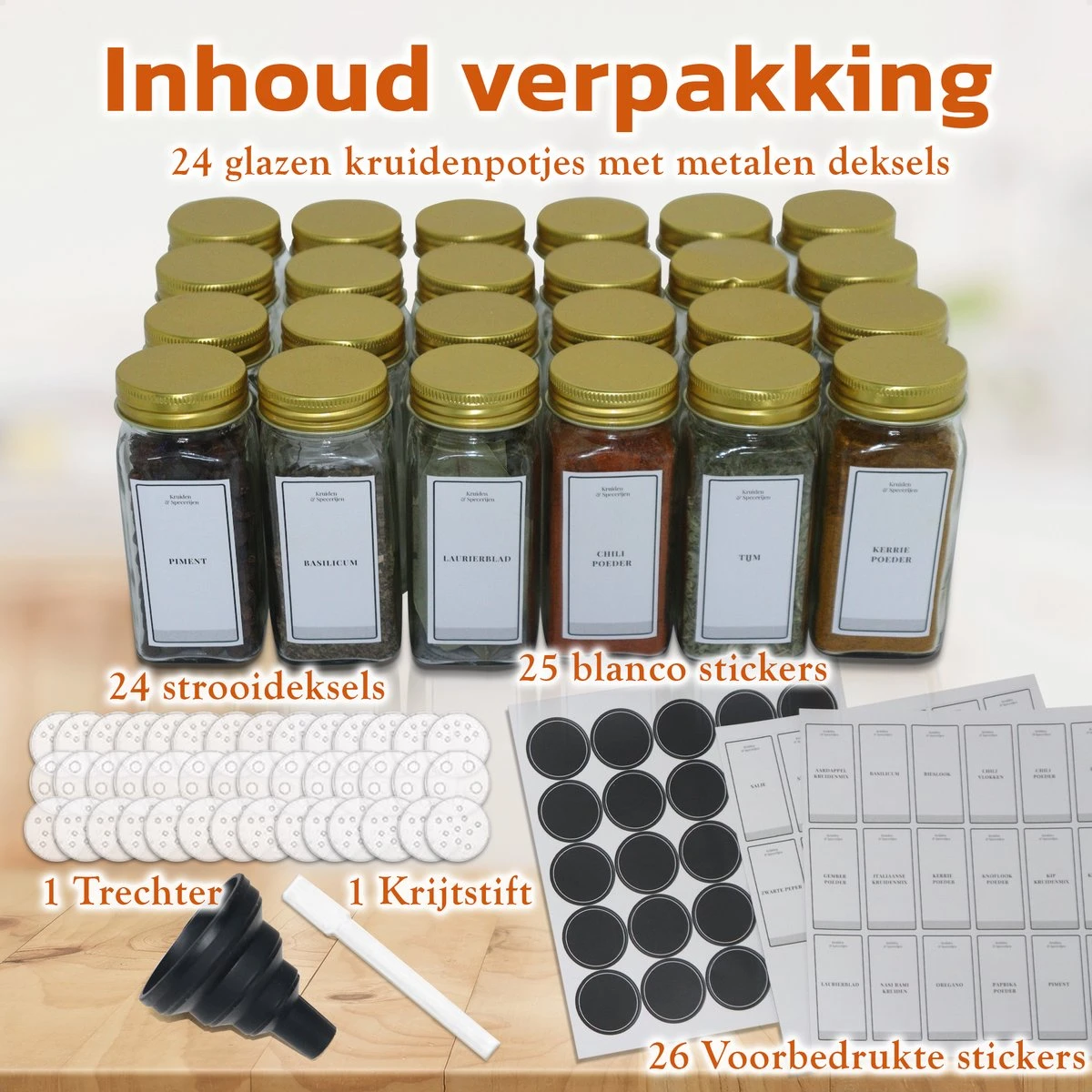 24 Glazen Kruidenpotjes Vierkant Met Deksel - Kruidenstrooier - Voorraadpotten - Keuken Organizer - Complete Set Met Strooideksels, Voorbedrukte & Blanco Stickers, Trechter En Stift - Inhoud 120 Ml - Goud 5 24 Glazen Kruidenpotjes Vierkant Met Deksel - Kruidenstrooier - Voorraadpotten - Keuken Organizer - Complete Set Met Strooideksels, Voorbedrukte & Blanco Stickers, Trechter En Stift - Inhoud 120 Ml - Goud - Afbeelding 5