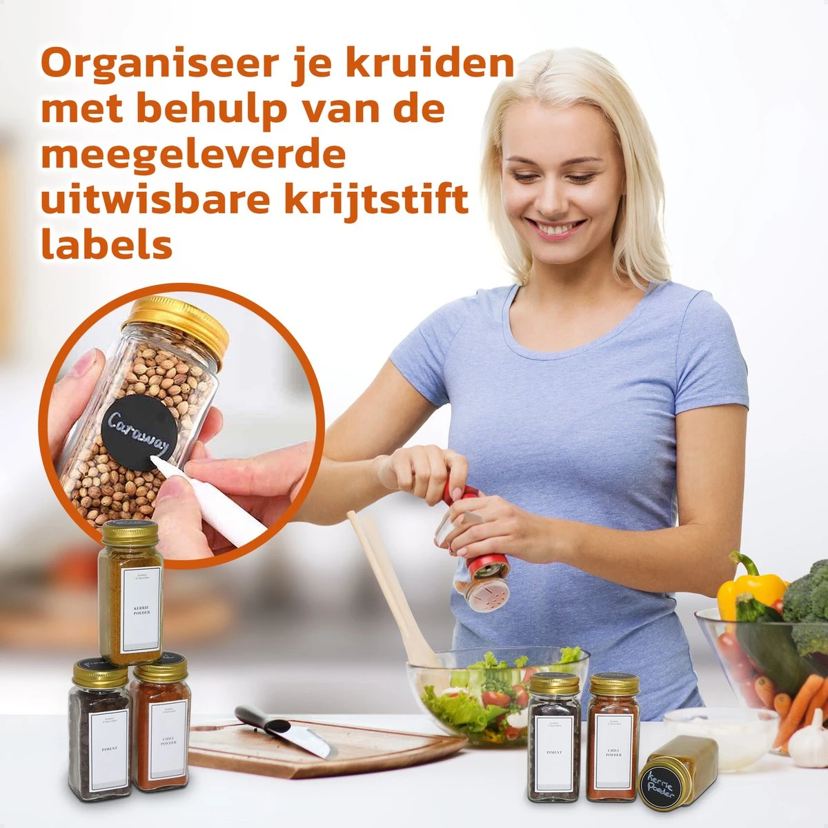 24 Glazen Kruidenpotjes Vierkant Met Deksel - Kruidenstrooier - Voorraadpotten - Keuken Organizer - Complete Set Met Strooideksels, Voorbedrukte & Blanco Stickers, Trechter En Stift - Inhoud 120 Ml - Goud 7 24 Glazen Kruidenpotjes Vierkant Met Deksel - Kruidenstrooier - Voorraadpotten - Keuken Organizer - Complete Set Met Strooideksels, Voorbedrukte & Blanco Stickers, Trechter En Stift - Inhoud 120 Ml - Goud - Afbeelding 7