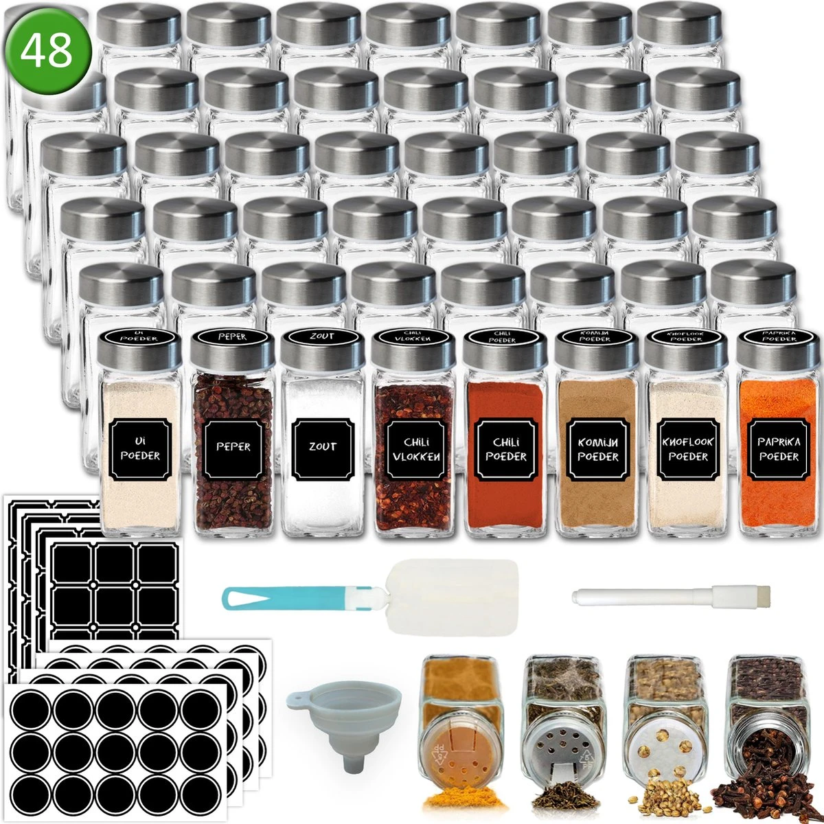 Soothe 48 Glazen Kruidenpotjes Set Met 2 Soorten Strooideksels – Kruidenstrooier – Compleet Pakket Incl Kruidenpotjes Stickers, Krijtstift En Accessoires 1 Soothe 48 Glazen Kruidenpotjes Set Met 2 Soorten Strooideksels – Kruidenstrooier – Compleet Pakket Incl Kruidenpotjes Stickers, Krijtstift En Accessoires