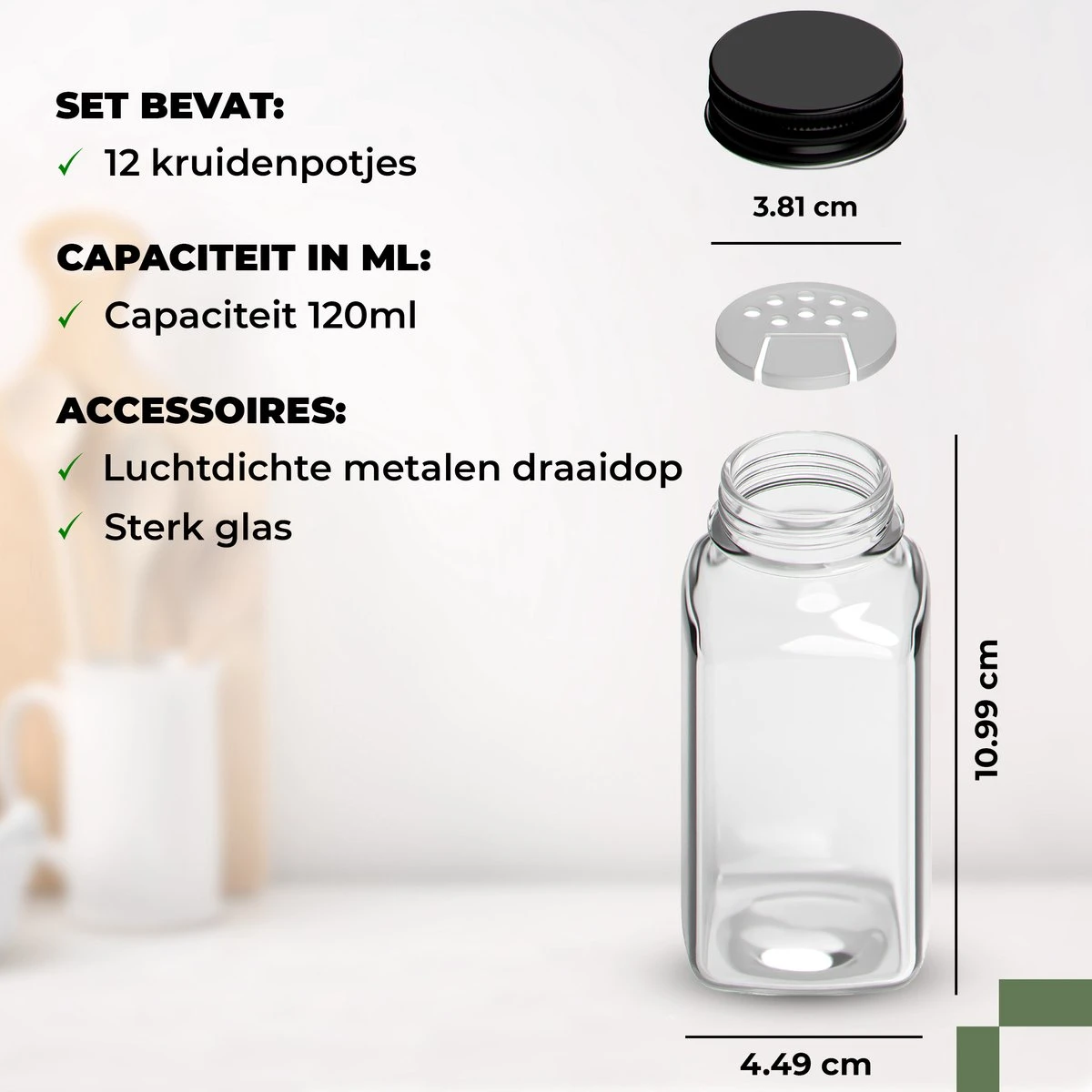 12 Glazen Kruidenpotjes Met Deksel - Kruidenstrooier - Strooideksel - Vierkant - Strooibus - Complete Set Met Trechter En Stickers 5 12 Glazen Kruidenpotjes Met Deksel - Kruidenstrooier - Strooideksel - Vierkant - Strooibus - Complete Set Met Trechter En Stickers - Afbeelding 5