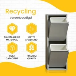 VEEHAUS – Allen - Prullenbak 2 Vakken – Afvalemmer 30 Liter (2x 15L) – Grijs – Hygiënisch Recyclen - 2-vaks Prullenbak Afvalscheiding – Afvalbak Metaal - Afval Scheiden - Prullenbak -Thuis Opslag Winkel 1200x1200 890