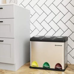 Merkloos Afvalemmer Voor De Keuken, 3-in-1 Afvalemmer, 24 Liter, Afvalscheiding, Metalen Pedaalemmer, Afvalscheidingssysteem, Robuust, Eenvoudig Te Reinigen, Staal, Zilver LTB24L -Thuis Opslag Winkel 1200x1200 981
