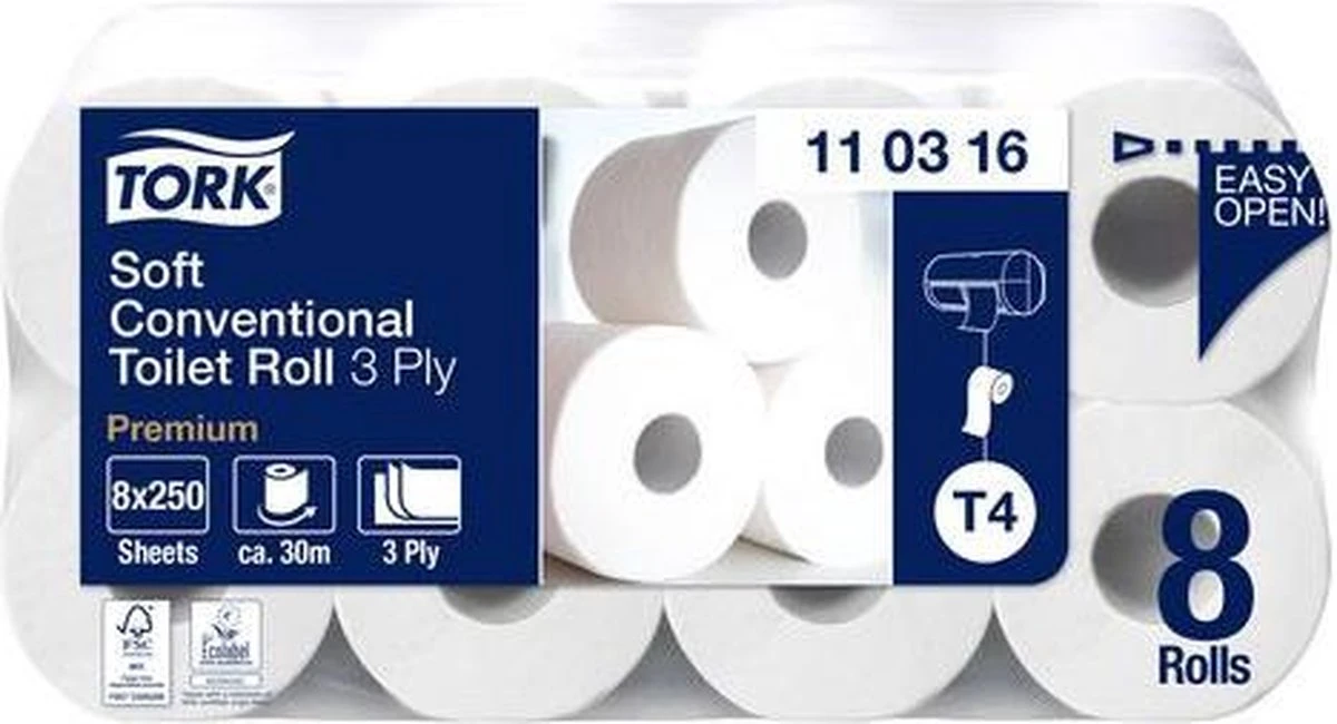 Tork Traditioneel Toiletpapier 3-laags Wit 250 Vel T4 Premium 2 Tork Traditioneel Toiletpapier 3-laags Wit 250 Vel T4 Premium - Afbeelding 2