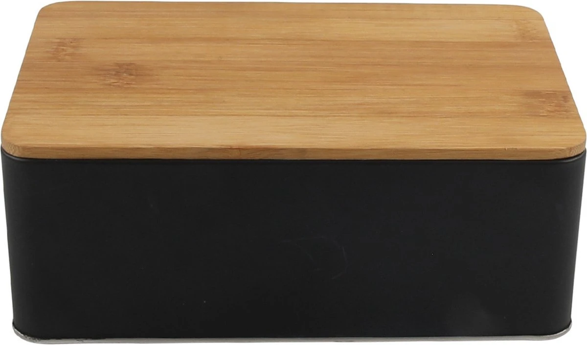 Set Van 2x Stuks Opbergblikken/bewaarblikken Zwart Met Bamboe Deksel 1,7L 19 X 13 X 7 Cm - Voorraadblikken/koekblikken 2 Set Van 2x Stuks Opbergblikken/bewaarblikken Zwart Met Bamboe Deksel 1,7L 19 X 13 X 7 Cm - Voorraadblikken/koekblikken - Afbeelding 2