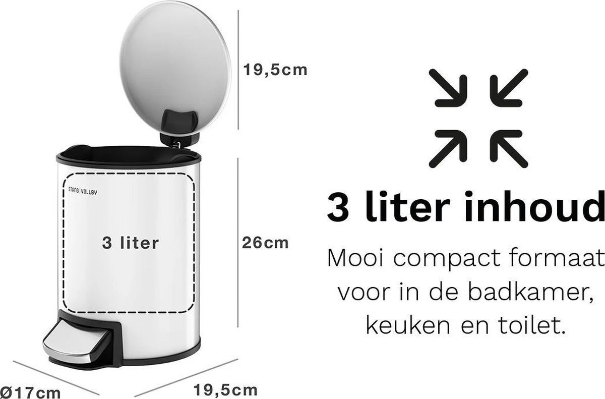 Pedaalemmer - 3 Liter - RVS - Wit - Afvalemmer StangVollby Rosvik - Toilet - Badkamer - Klein - Soft Close Deksel - Chique Design - Kleine Witte Pedaal Prullenbak - Afvalzak Inkeping - Vuilnisbak Badkamer 7 Pedaalemmer - 3 Liter - RVS - Wit - Afvalemmer StangVollby Rosvik - Toilet - Badkamer - Klein - Soft Close Deksel - Chique Design - Kleine Witte Pedaal Prullenbak - Afvalzak Inkeping - Vuilnisbak Badkamer - Afbeelding 7